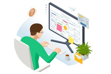 Isometric Proje Yöneticisi Görevleri ve Kilometre Taşlarını Güncellemek için bir dizüstü bilgisayar kullanır, gösterilen bir grafik zamanlama arayüzü ile İlerleme Planlama. İş Proje Yönetimi Sistemi, Dijital Takvim Zamanlaması