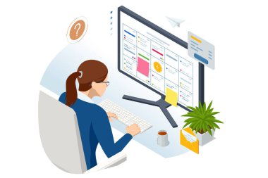 Isometric Proje Yöneticisi Görevleri ve Kilometre Taşlarını Güncellemek için bir dizüstü bilgisayar kullanır, gösterilen bir grafik zamanlama arayüzü ile İlerleme Planlama. İş Proje Yönetimi Sistemi, Dijital Takvim Zamanlaması