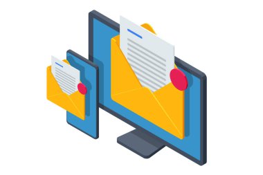 İzometrik e-posta, iş e-posta iletişimi ve dijital pazarlama, elektronik mesaj uyarısı.