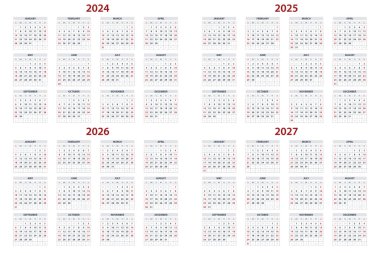 2024, 2025, 2026, 2027 yılının çeyrek takvim şablonu. Duvar takvimi minimalist bir şekilde çizilmiş. Hafta Pazar günü başlıyor.