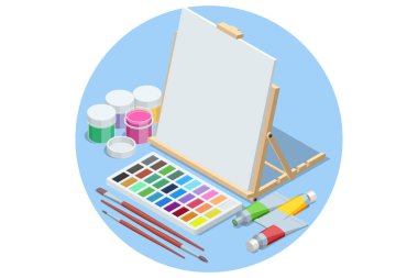 Isometric Resim, Çizim ve Sanat Konsepti. Resim Aletleri Elementleri. Sanatsal Ekipman: Easel, Boya Fırçaları, Boya tüpleri, Palet ve Sanatçı Stüdyosunda Tablo Resimleri