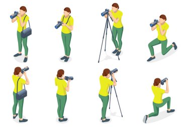 DSR Kameralı Isometric Kadın Fotoğrafçı. Dijital fotoğraf makinesi. Ev hobisi, yaşam tarzı, seyahat, insan konsepti. Profesyonel Fotoğrafçı