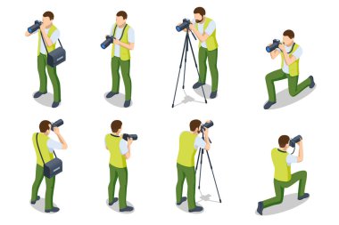 DSR Kameralı Isome-tric adam bir tripod üzerinde. Dijital fotoğraf makinesi. Ev hobisi, yaşam tarzı, seyahat, insan konsepti. Profesyonel Fotoğrafçı