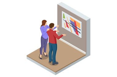 Sanat galerisinde bir kadın ve bir erkek tabloya bakıyor. Modern sanat, bir sanat müzesi. Müzede sanat eserleri ve ziyaretçilerle dolu bir oda