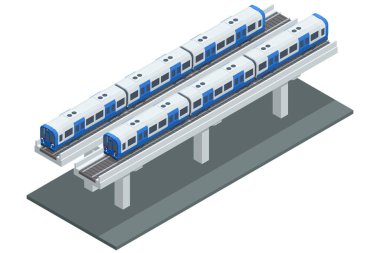 Isometric Metro Treni, Sky Train Yolu. Gökyüzü Tren İstasyonu. Modern Şehir Toplu Taşımacılığı.