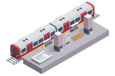 Isometric metro istasyonu platformu. Yeraltı treni, istasyon ve güzergah kesiti, köprü dahil. Metro istasyonu, demiryolu hızlı ulaşım sistemi, metro platformu..