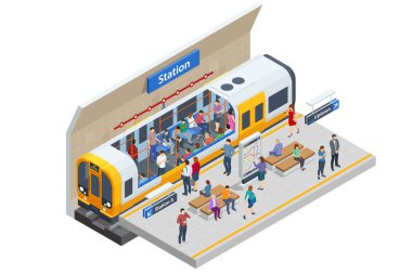 Isometric metro istasyonu platformu. Yeraltı treni, istasyon ve güzergah kesiti, köprü dahil. Metro istasyonu, demiryolu hızlı ulaşım sistemi, metro platformu..