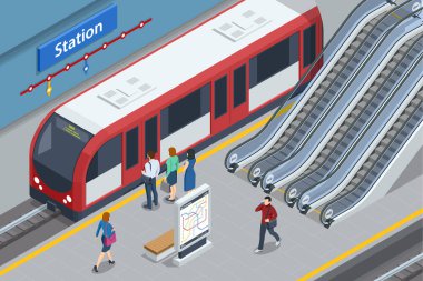 Isometric metro istasyonu platformu. Hızlı tren. Yeraltı treni, istasyon ve güzergah kesiti, köprü dahil. Metro istasyonu, demiryolu hızlı ulaşım sistemi, metro platformu..