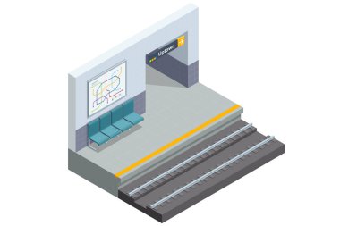 Isometric metro istasyonu platformu ve kesişen yollar, köprü. Boş metro istasyonu.