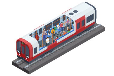 Isometric Metro yeraltı treni. Metro 'daki Yolcular. Giden yolcular