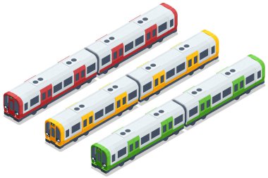 Isometric Metro yeraltı treni. Yüksek kaliteli şehir ulaşımı. Metro 'daki Yolcular. Seyahat eden yolcular. Metro tren koleksiyonu. Çok sayıda yolcu taşımak için tasarlanmış araçlar