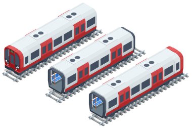 Isometric Metro yeraltı treni. Yüksek kaliteli şehir ulaşımı. Metro 'daki Yolcular. Seyahat eden yolcular. Metro tren koleksiyonu. Çok sayıda yolcu taşımak için tasarlanmış araçlar