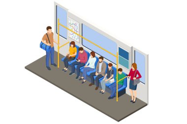 Isometric Metro yeraltı treni. Metro 'daki Yolcular. Seyahat eden yolcular. Seyahat eden yolcular. Metro tren koleksiyonu. Çok sayıda yolcu taşımak için tasarlanmış araçlar.