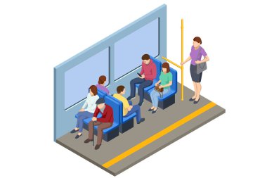 Isometric Metro yeraltı treni. Metro 'daki Yolcular. Seyahat eden yolcular. Seyahat eden yolcular. Metro tren koleksiyonu. Çok sayıda yolcu taşımak için tasarlanmış araçlar.