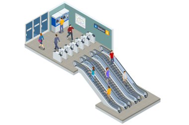 Isometric People metroda yürüyen merdivende duruyor. Hızlı tren. Yeraltı treni ve istasyon dahil. Metro istasyonu, demiryolu hızlı ulaşım sistemi, metro platformu.