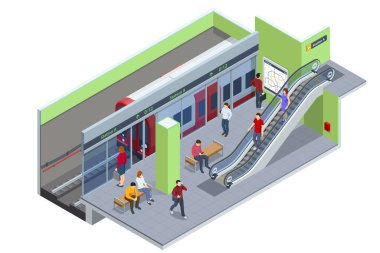 Isometric metro istasyonu platformu. Yeraltı treni ve istasyon dahil. Metro istasyonu, demiryolu hızlı ulaşım sistemi, metro platformu..