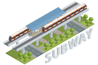 Isometric Metro Treni, Sky Train Yolu. Gökyüzü Tren İstasyonu. Modern Şehir Toplu Taşımacılığı