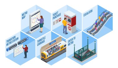 Isometric Subway Elementlerini kurdu. Turnike bileti kontrolü, Metro 'ya girin, yürüyen merdiven, bilet satın alma, taşıma, geçiş metro istasyonu, metro istasyonu, tünel..