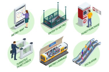 Isometric Subway Elementlerini kurdu. Turnike bileti kontrolü, Metro 'ya girin, yürüyen merdiven, bilet satın alma, taşıma, geçiş metro istasyonu, metro istasyonu, tünel..