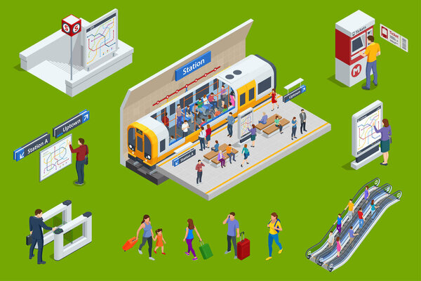 Isometric set Subway Elements. Turnstile ticket check, Enter to Metro, Escalator, Ticket purchase, carriage, Transition metro station, Metro-station, Tunnel.