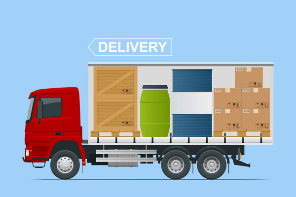 Full truckload, Shipping, Logistic Systems, Cargo Transport. Cargo Truck transportation, delivery, boxes. Delivery and shipping business cargo truck