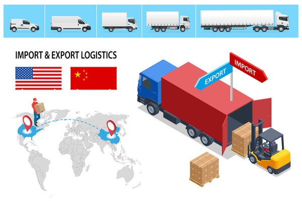 Isometric Shipping, Logistic Systems, Cargo transport. Cargo Truck transportation, delivery, boxes. Fast delivery or logistic transport. Delivery and shipping business cargo truck