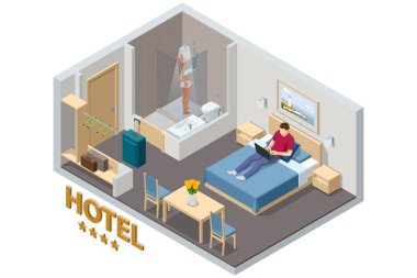 Oteldeki Isometric Modern Yatak Odası Süiti. Otel girişleri ve odalarında istirahat etmeleri. Tatilin ve tatilin tadını çıkar. Web sitesinde Mobil Uygulama, Otel Rezervasyon Online