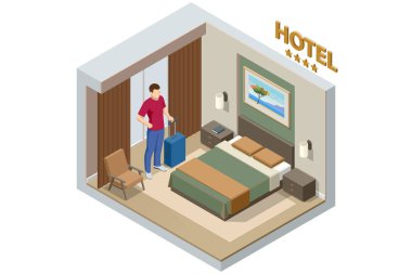 Oteldeki Isometric Modern Yatak Odası Süiti. Otel girişleri ve odalarında istirahat etmeleri. Tatilin ve tatilin tadını çıkar. Web sitesinde Mobil Uygulama, Otel Rezervasyon Online