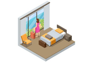Oteldeki Isometric Modern Yatak Odası Süiti. Otel girişleri ve odalarında istirahat etmeleri. Tatilin ve tatilin tadını çıkar. Web sitesinde Mobil Uygulama, Otel Rezervasyon Online