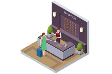 Isometric Otel Resepsiyonu. Resepsiyon masası. Genç Kadın Resepsiyonist Karakteri. Turizm, Otel Gelişi, Turizm, İş Gezisi Oteli Hizmeti