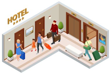 Bagajlı Isometric Porter, üniformalı belboy. Bir hamal otel misafirlerinin bavullarını odasına taşır. Tatilin ve Tatilin tadını çıkar.