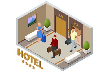 Bagajlı Isometric Porter, üniformalı belboy. Bir hamal otel misafirlerinin bavullarını odasına taşır. Tatilin ve Tatilin tadını çıkar.