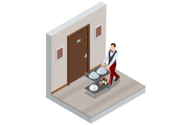 Üniformalı Isometric Garson bir otel odasında yemek tepsisi getiriyor. Tatilin ve tatilin tadını çıkar. Oda servisi.
