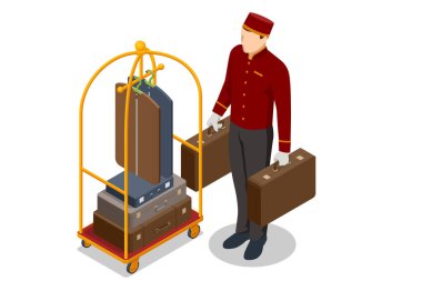 Bagajlı Isometric Porter, üniformalı belboy ve bavullarla dolu bir otel valizi. Tatilin ve tatilin tadını çıkarın.