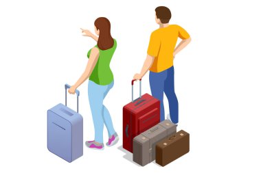 Isometric Turist Seyahati Serbest Zaman Dinlenme Seyahati Uçuş Yolculuğu Konsepti. Arka planda renkli bavullarla tatile çıkmaya hazır olan çift..
