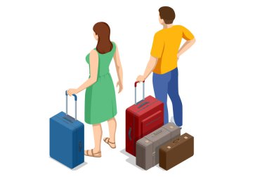 Isometric Turist Seyahati Serbest Zaman Dinlenme Seyahati Uçuş Yolculuğu Konsepti. Arka planda renkli bavullarla tatile çıkmaya hazır olan çift..