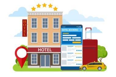 Isometric online otel rezervasyon konsepti. Akıllı telefondan bilet almak. İnsanlar otel rezervasyonu yaptırıyor ve tatil için arama yapıyorlar. Akıllı telefon GPS konumunu haritalar.