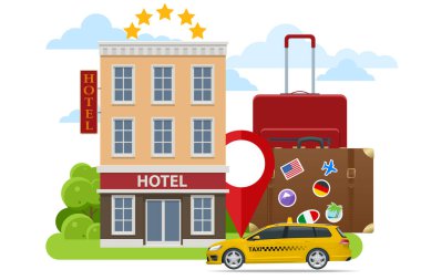 Isometric online otel rezervasyon konsepti. Akıllı telefondan bilet almak. İnsanlar otel rezervasyonu yaptırıyor ve tatil için arama yapıyorlar. Akıllı telefon GPS konumunu haritalar.