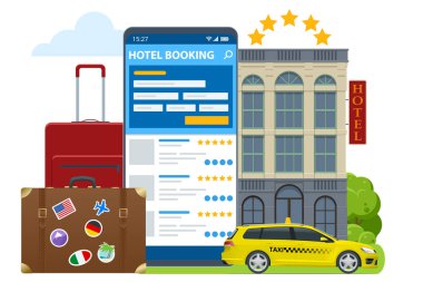 Isometric online otel rezervasyon konsepti. Akıllı telefondan bilet almak. İnsanlar otel rezervasyonu yaptırıyor ve tatil için arama yapıyorlar. Akıllı telefon GPS konumunu haritalar.