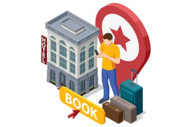 Isometric Online Otel Rezervasyon Konsepti. Karakterler Planlama Gezisi ve İstikamet Seçme. İnsanlar tatil için otel ve arama rezervasyonu yaptırıyor. Akıllı Telefon GPS Konumunu Haritalar.
