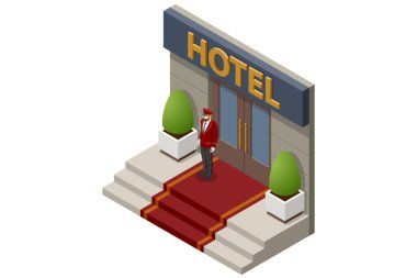 Otelin giriş kapısında duran Isome 'lı kapıcı. Çevrimiçi otel rezervasyonu. İnsanlar otel rezervasyonu yaptırıyor ve tatil için arama yapıyorlar. Akıllı telefon GPS konumunu haritalar.