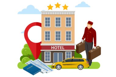 Isometric online otel rezervasyon konsepti. Akıllı telefondan bilet almak. İnsanlar otel rezervasyonu yaptırıyor ve tatil için arama yapıyorlar. Akıllı telefon GPS konumunu haritalar