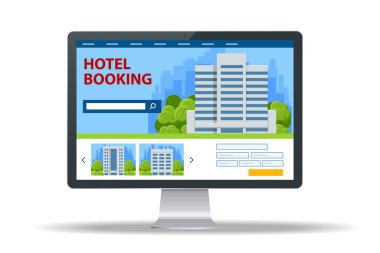 Isometric online otel rezervasyon konsepti. Akıllı telefondan bilet almak. İnsanlar otel rezervasyonu yaptırıyor ve tatil için arama yapıyorlar. Akıllı telefon GPS konumunu haritalar