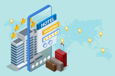 Isometric online otel rezervasyonu. İnsanlar otel rezervasyonu yaptırıyor ve tatil için arama yapıyorlar. Akıllı telefon GPS konumunu haritalar