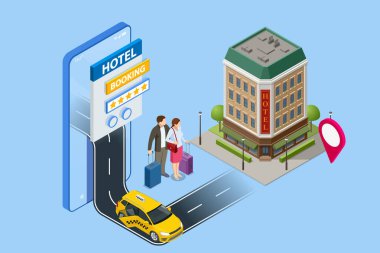 Pahalı bir otel girişi. Isometric online otel rezervasyon konsepti. İnsanlar otel rezervasyonu yaptırıyor ve tatil için arama yapıyorlar. Akıllı telefon GPS konumunu belirler. Taksi arabası..