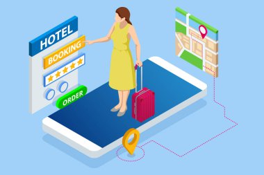 Isometric online otel rezervasyon konsepti. Ekranda rezervasyon odası uygulaması olan akıllı telefonu tutan genç bir kadın. Akıllı telefon GPS konumunu haritalar