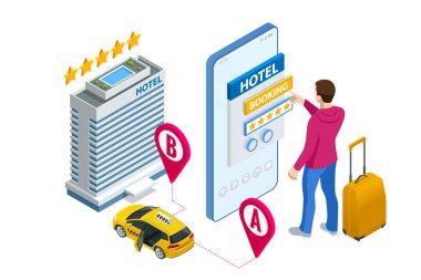 Pahalı bir otel girişi. Isometric online otel rezervasyon konsepti. Ekranda rezervasyon odası uygulaması olan bir akıllı telefon tutan adam. Akıllı telefon GPS konumu, taksi arabası haritası