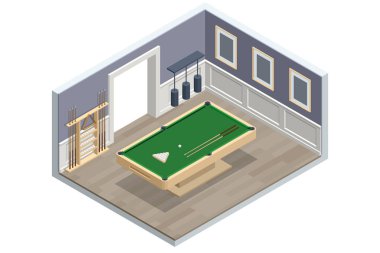 Lüks dinlenme odasındaki Isome mavi havuzu. Bilardo masasında yeşil yüzey ve bilardo topu. Bilardo oyunu. Bilardo bilardosu.
