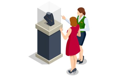 Isometric mücevher kolyeleri, altın kolyeler, zincirler ve altın kolyeli boncuklar. Çizgi film kuyumcusu vitrini. Altın kuyumcu.