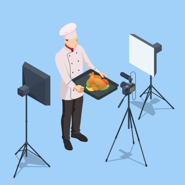 Isometric Chef Kitchen 'da kamera önünde video kaydediyor. Beyaz Üniformalı Blogcu Şefi, Yemek Blogcusu ya da Yemek Video Blog 'u. Çevrimiçi Aşçılık Kursları. Kızarmış Tavuk mu, Türkiye mi?